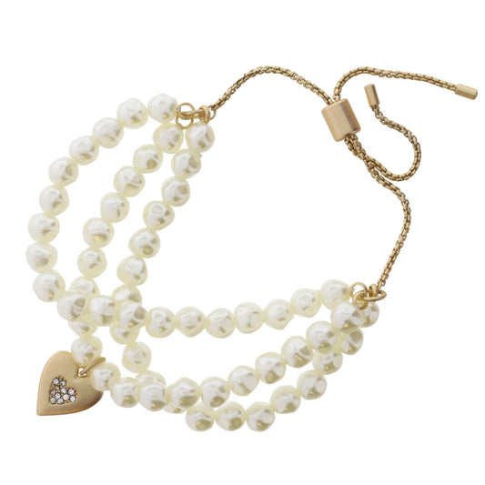 Set of 3, Pearl & Gold and Gold Heart with Center Crystal Heart Bracelet