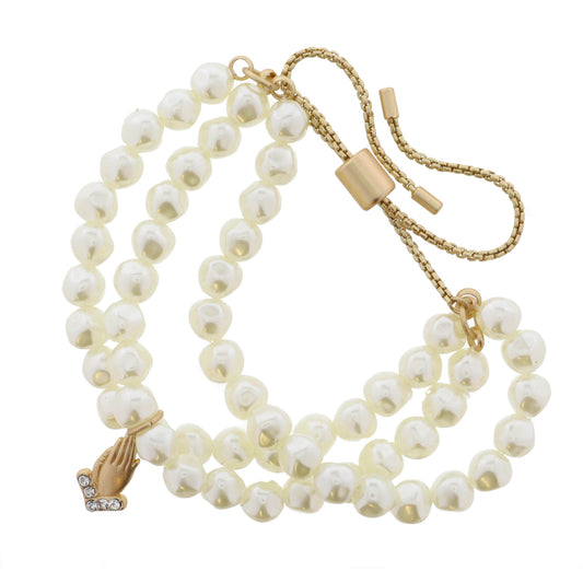 Set of 3, Pearl & Gold and Gold Praying Hands with Crystal Cuffs Bracelet