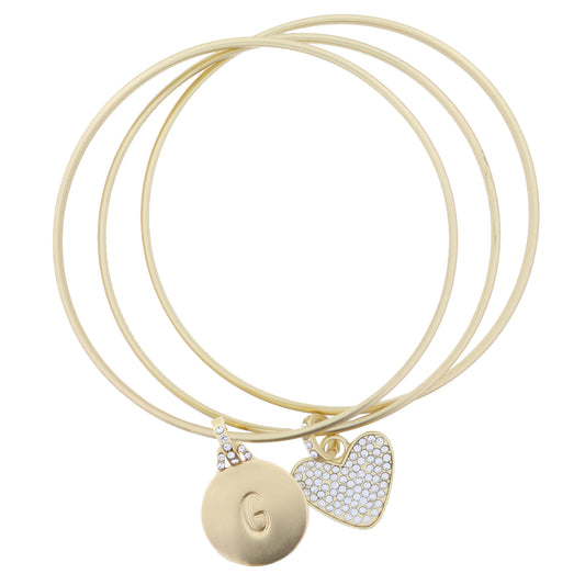 Set of 3, Gold Disc Initial "G" and Clear Crystal Heart Bangle Bracelet