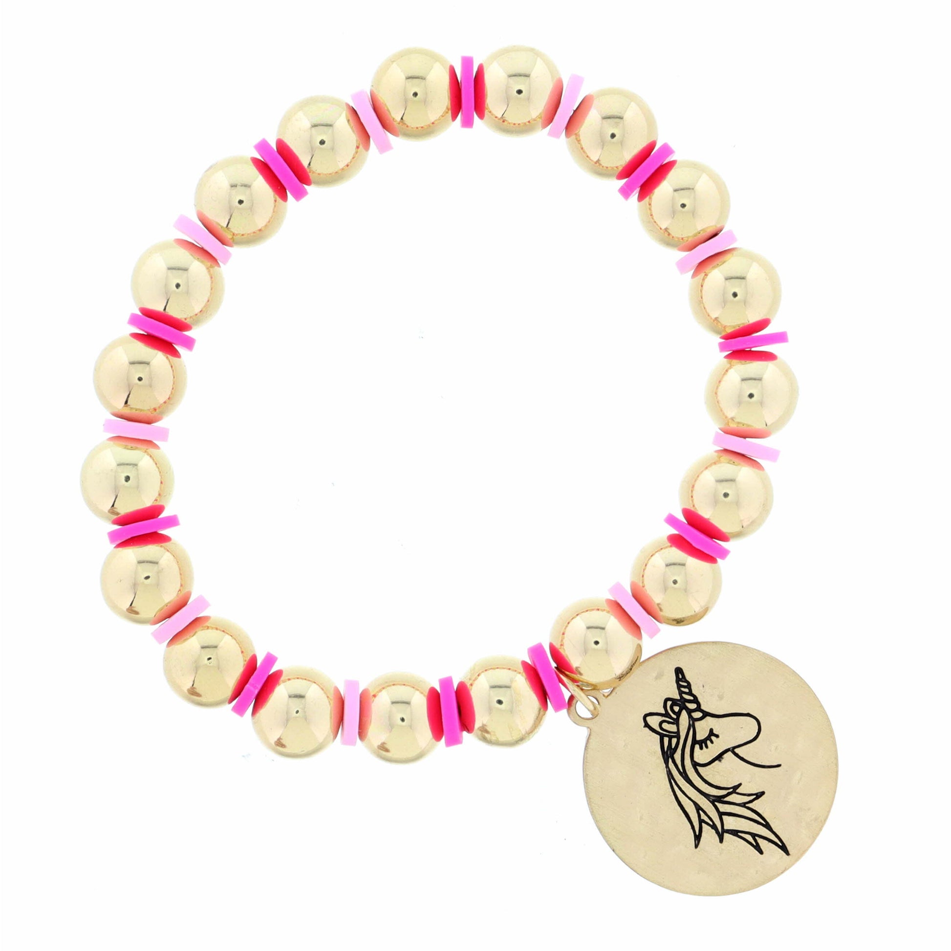 Kids Gold Beaded with Gold Hammered Disc with Stamped Unicorn Head Bracelet