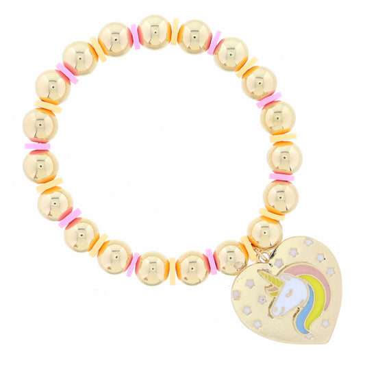Kids Gold Beaded with Gold Heart with White Stars & Unicorn Head Bracelet