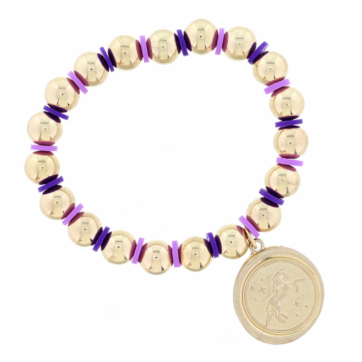 Kids Gold Beaded with Gold Stamped Unicorn Disc with Stars Bracelet