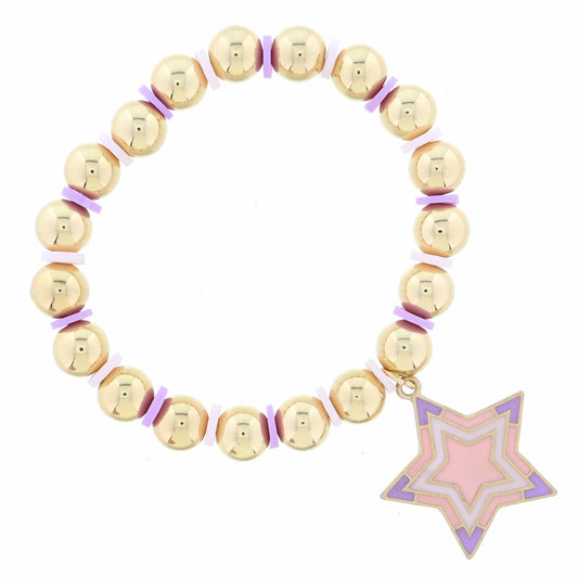 Kids Gold Beaded with Lavender & Pink Enamel Star Bracelet