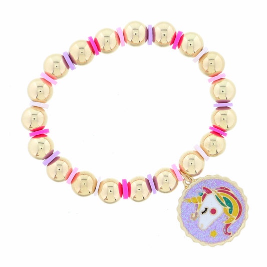 Kids Gold Beaded with Lavender AB Glitter Disc with Unicorn Head Bracelet