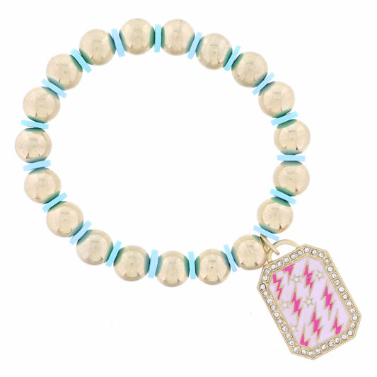 Kids Light Pink Enamel with Pink Lightning & Stars Bracelet