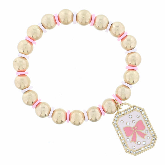 Kids Light Pink Enamel with Crystals & Pink Bow Bracelet