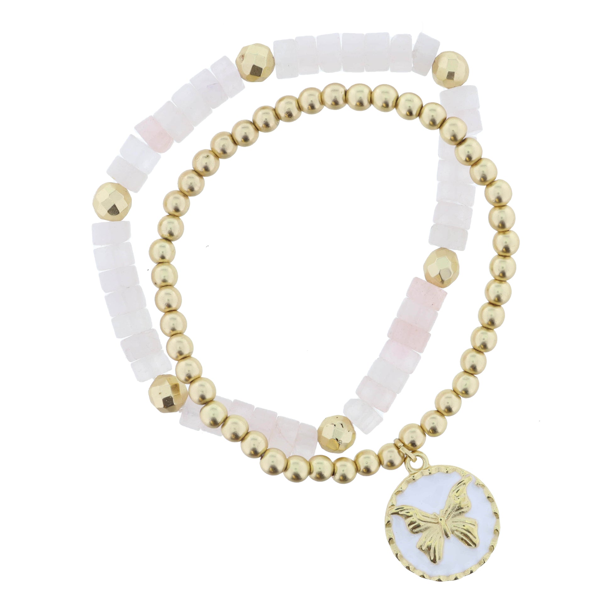 Set of 2, Rose Quartz with Gold Beads, Butterfly White Enamel Disc Bracelet