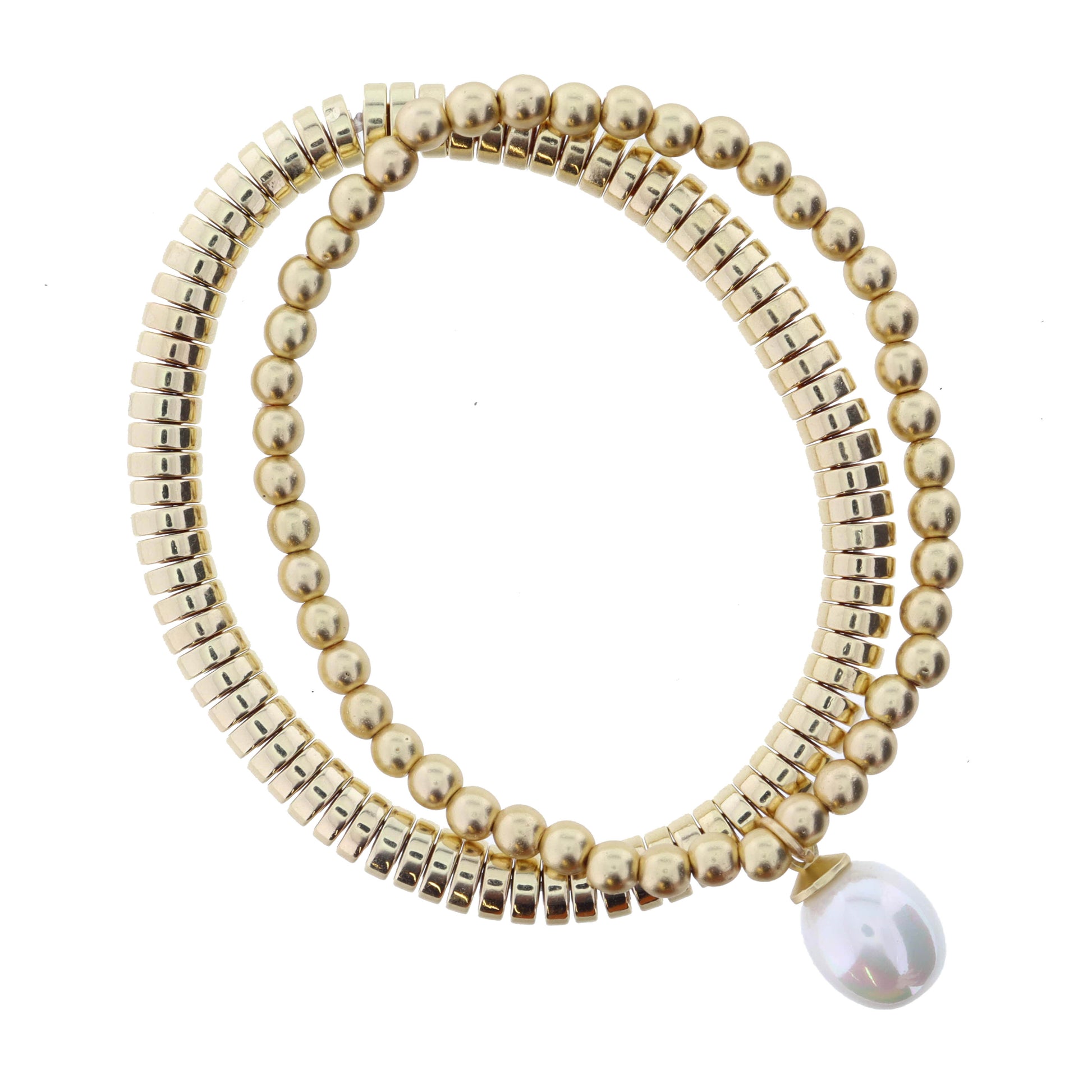 Set of 2, Gold Cylinder Discs, Gold Ball Beaded with Drop Pearl Bracelet
