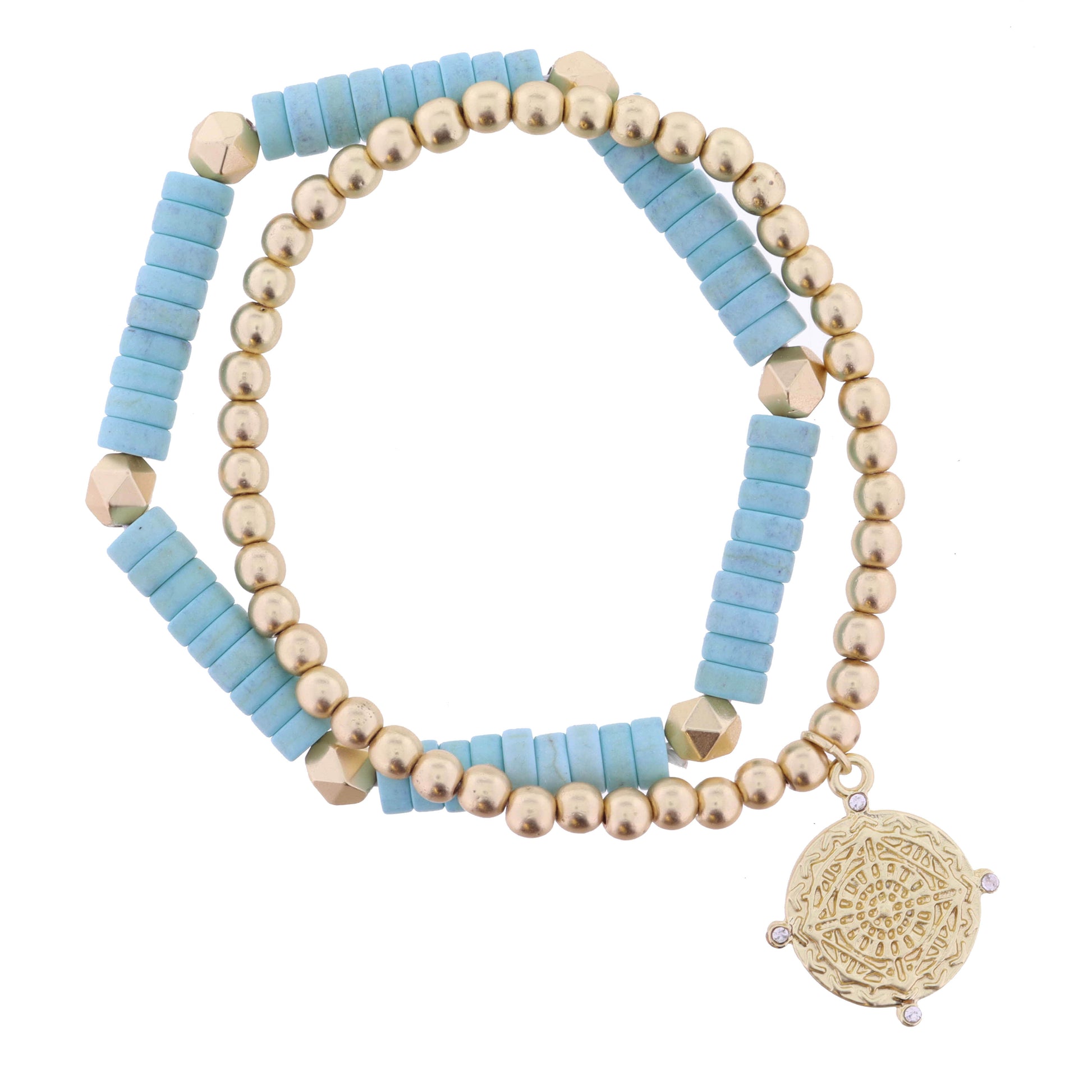 Set of 2, Turquoise Stone, Gold Beads, with Medallion and Crystals Bracelet