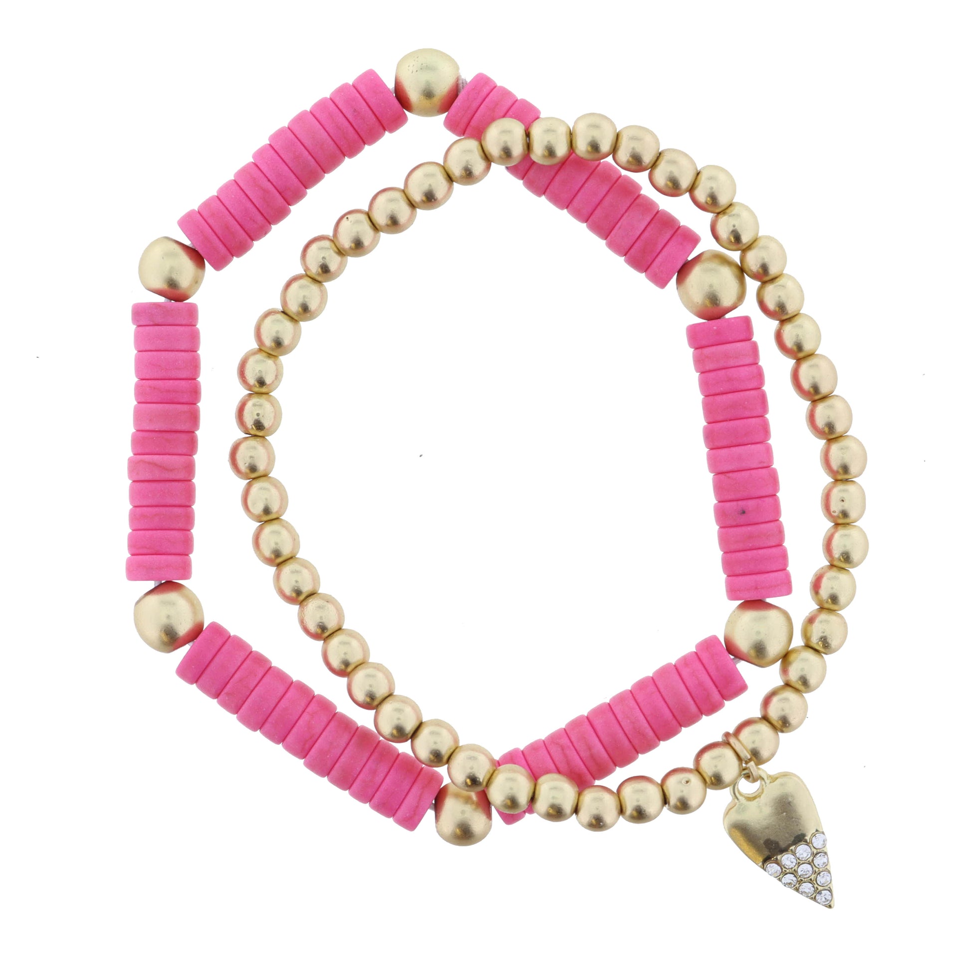 Set of 2, Hot Pink Stone with Gold Beads, Gold and Crystal Heart Bracelet