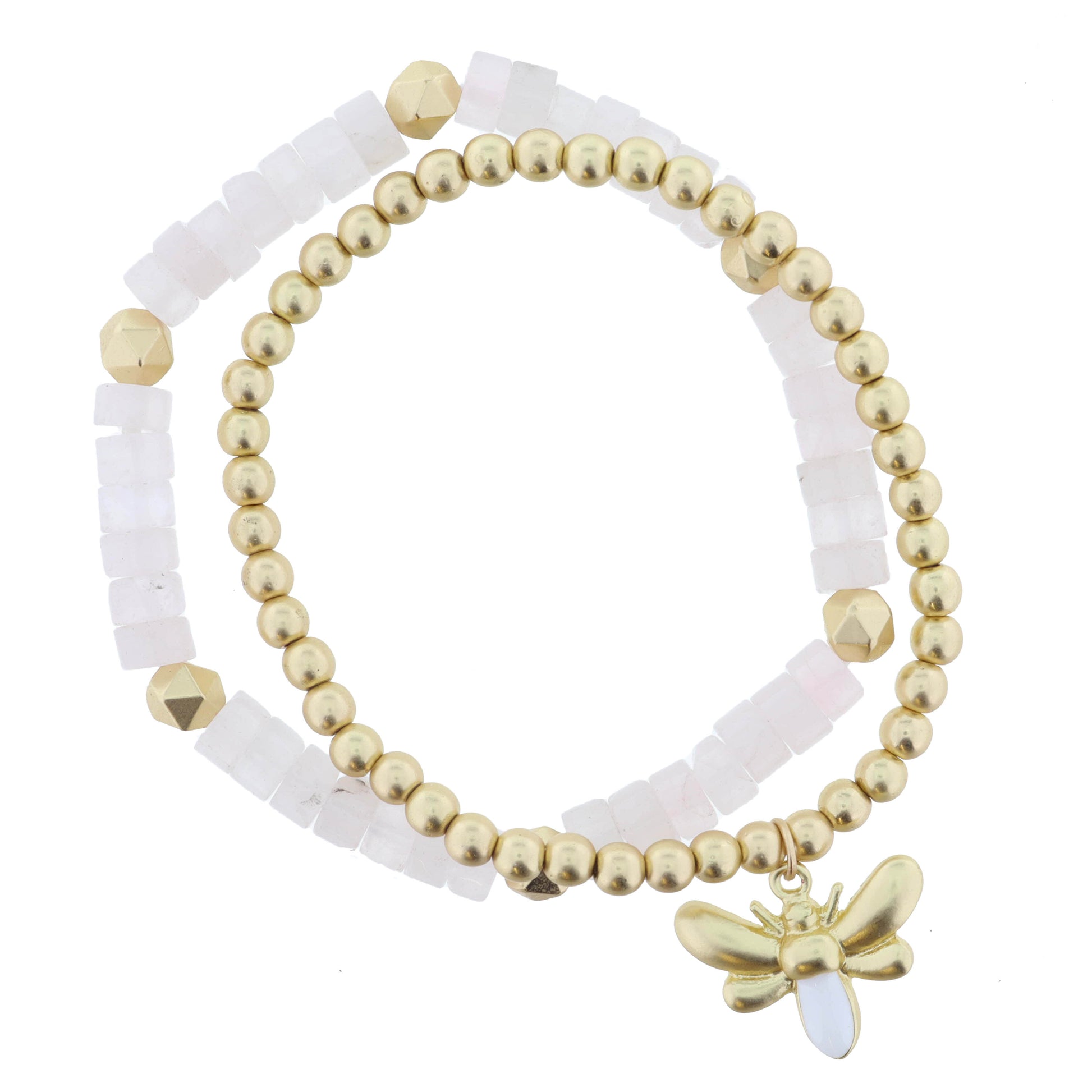 Set of 2, Rose Quartz with Gold Beads, Gold and White Enamel Bee Bracelet