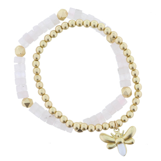 Set of 2, Rose Quartz with Gold Beads, Gold and White Enamel Bee Bracelet