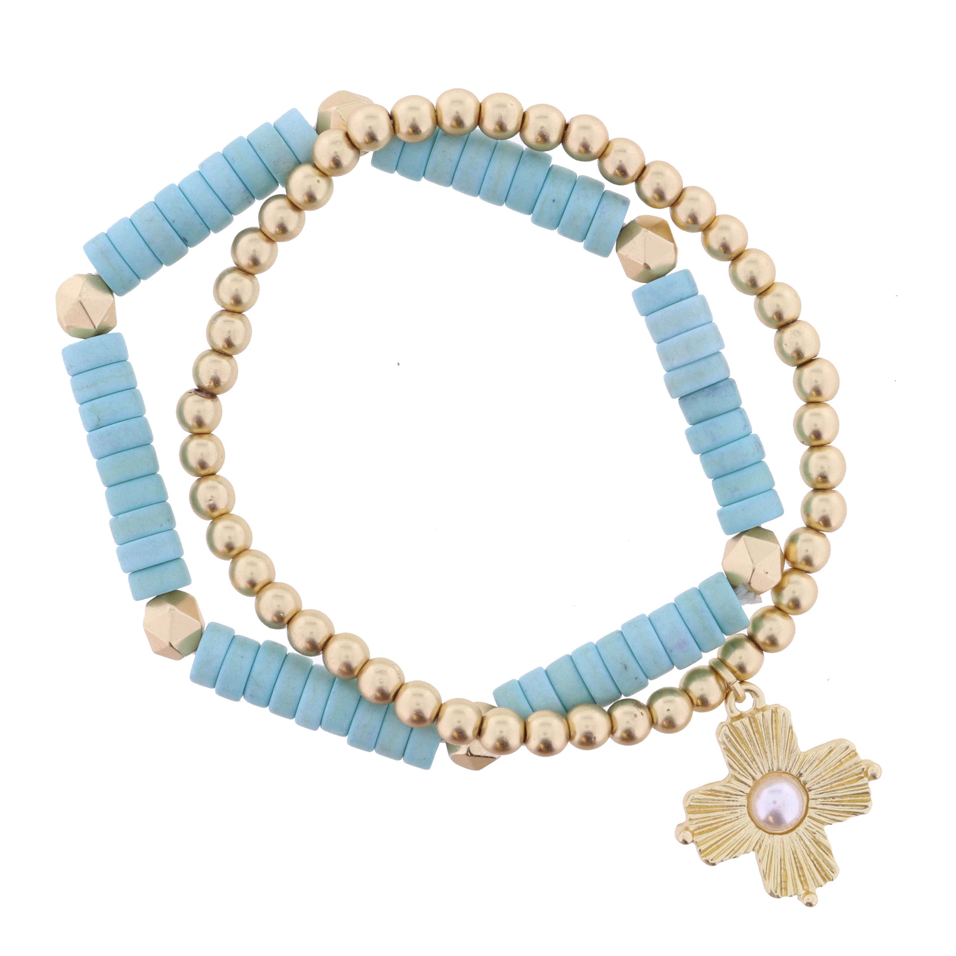 Set of 2, Turquoise Stone with Gold Beads, Pearl on Sunray Cross Bracelet