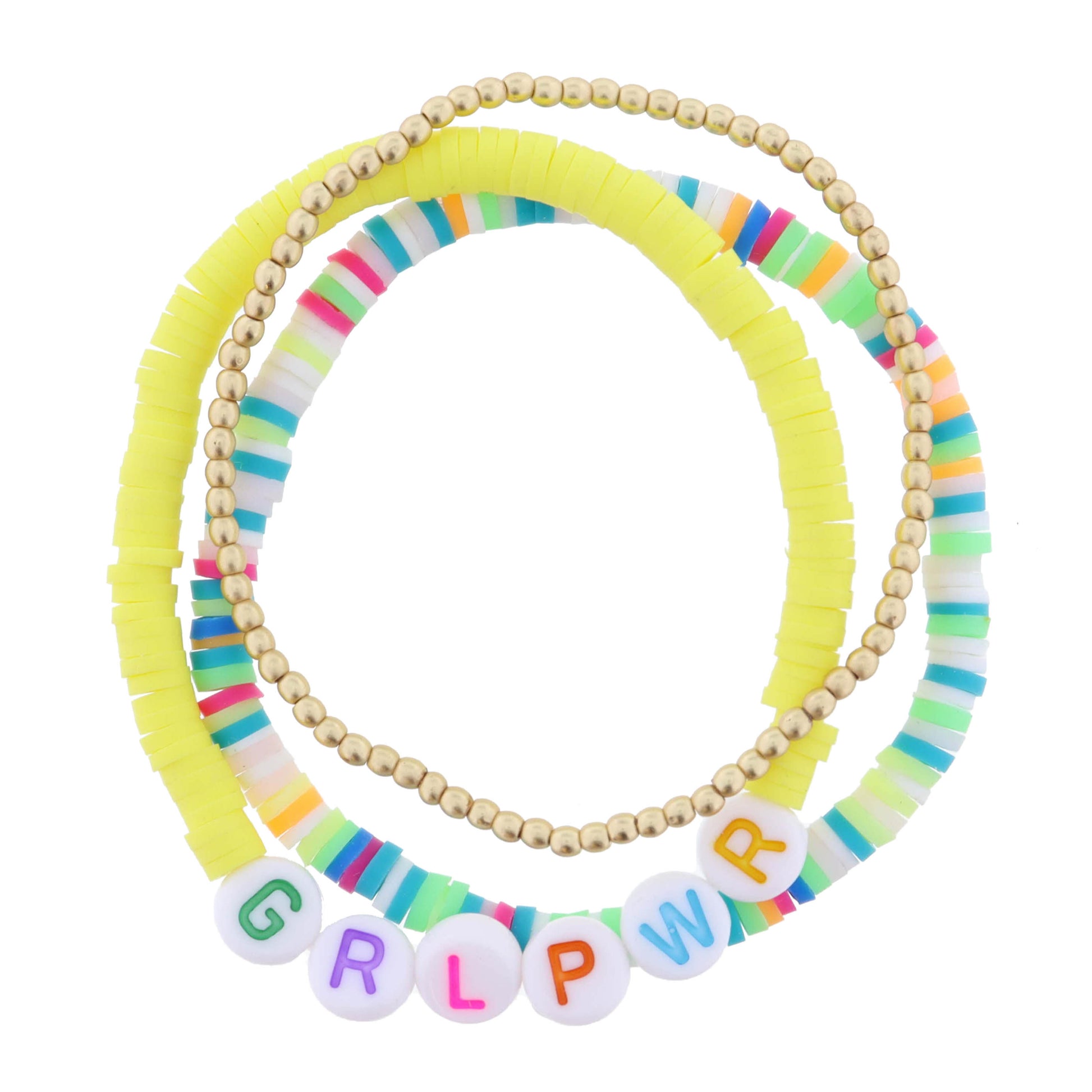 Kids Set of 3, "GRLPWR" on Yellow Sequins, Multi Sequins, Ball Beads Bracelet
