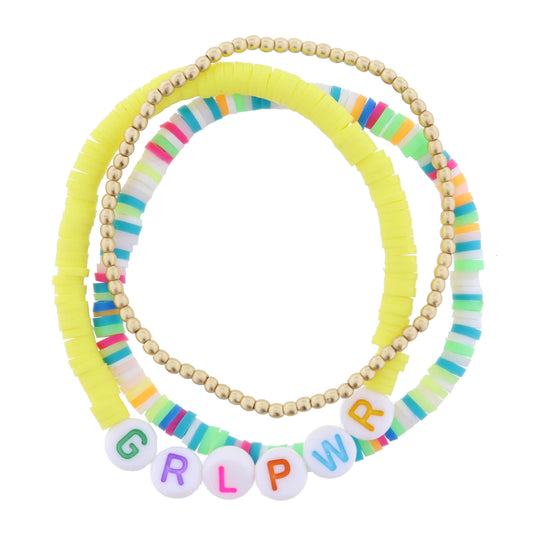 Kids Set of 3, "GRLPWR" on Yellow Sequins, Multi Sequins, Ball Beads Bracelet