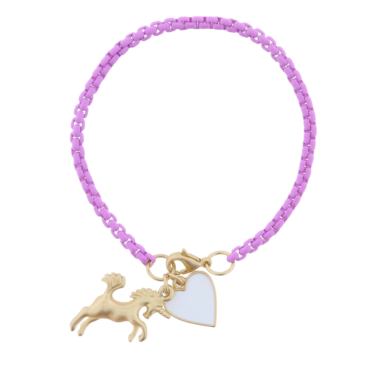 Kids Lavender Box Chain with Gold Unicorn and White Enamel Heart Bracelet