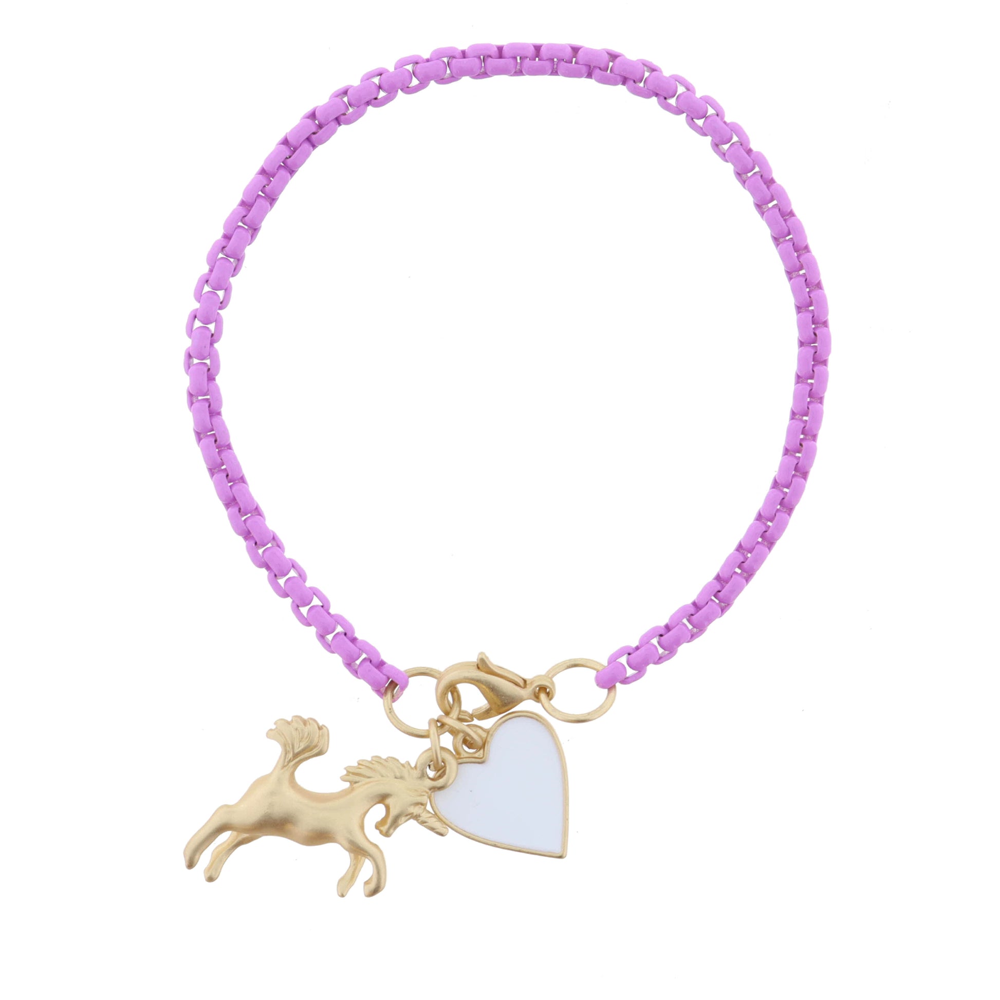 Kids Lavender Box Chain with Gold Unicorn and White Enamel Heart Bracelet