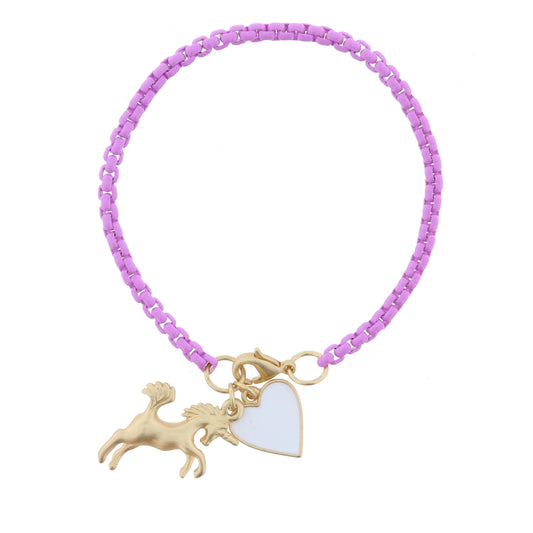 Kids Lavender Box Chain with Gold Unicorn and White Enamel Heart Bracelet
