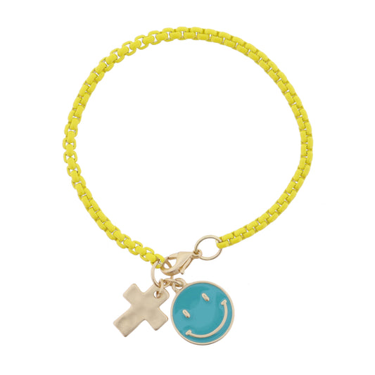 Kids Yellow Box Chain with Gold Cross and Teal Enamel Happy Face Disc Bracelet