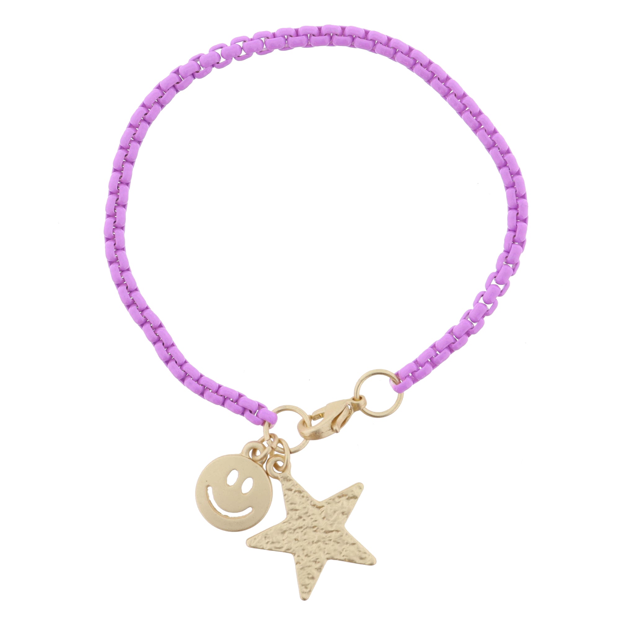 Kids Lavender Box Chain with Gold Happy Face and Gold Hammered Star Bracelet