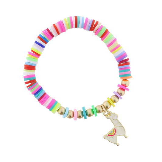 Kids Multi Rainbow Rubber Sequin with White and Multi Enamel Llama Bracelet