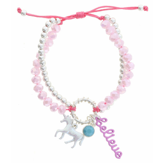 Kids 2 Strand, Silver, Pink Beaded, White Unicorn, Blue Stone, Lavender "believe" Bar Bracelet