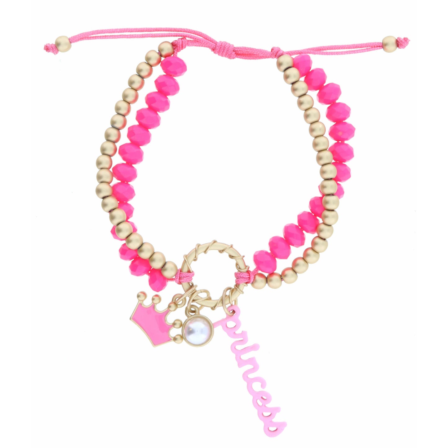 Kids 2 Strand, Gold and Pink Beaded, Pink Crown, Pearl, Pink "princess" Bar Bracelet