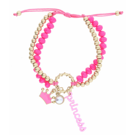 Kids 2 Strand, Gold and Pink Beaded, Pink Crown, Pearl, Pink "princess" Bar Bracelet