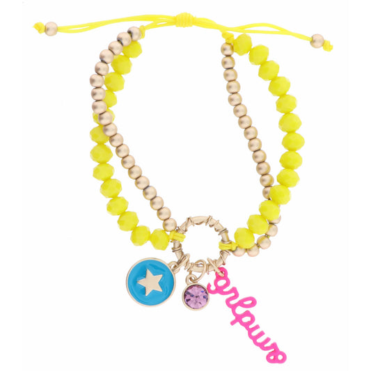 Kids 2 Strand, Gold and Yellow Beaded, Teal Disc with Star, Lavender Crystal, Pink "grlpwr" Bar Bracelet