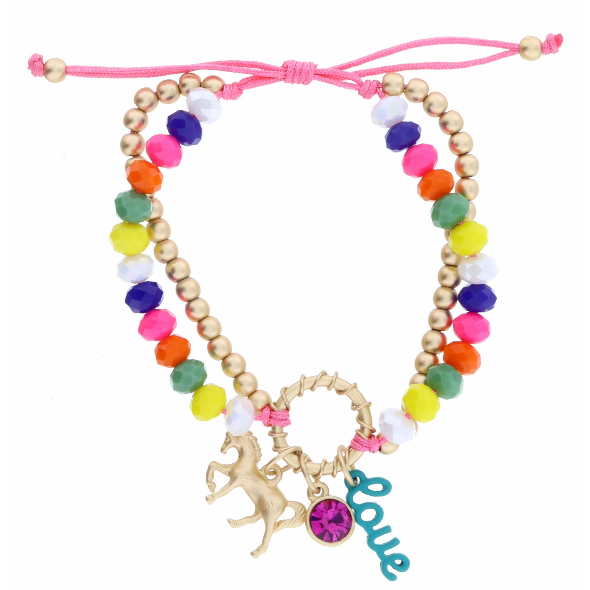 Kids 2 Strand, Gold and Multi Beaded, Gold Horse, Pink Crystal, Teal "love" Bar Bracelet