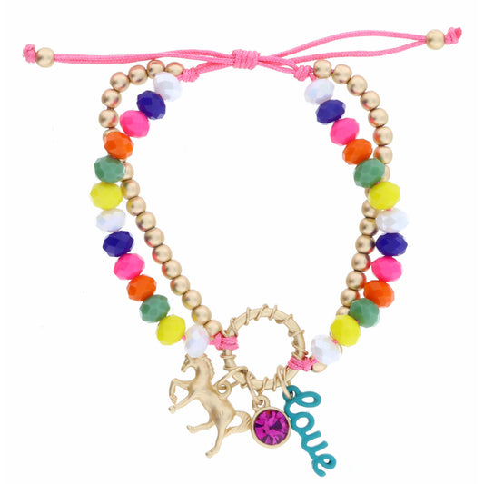 Kids 2 Strand, Gold and Multi Beaded, Gold Horse, Pink Crystal, Teal "love" Bar Bracelet