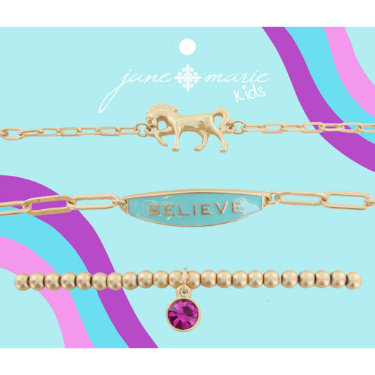 Kids Set of 3, Gold Horse, Bar with "BELIEVE" Mint Enamel, Pink Crystal Gold Stretch Bracelet