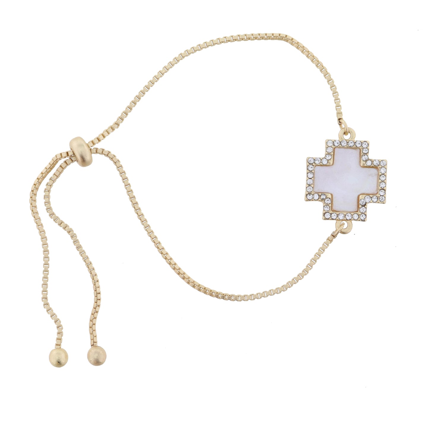 White Shell Square Cross with Clear Crystals Bracelet