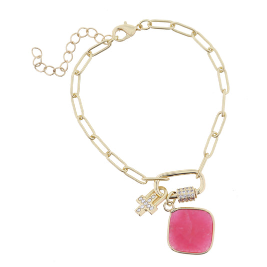 Gold Carabiner with Crystals, Pink Stone, Crystal Square Cross Latch Bracelet