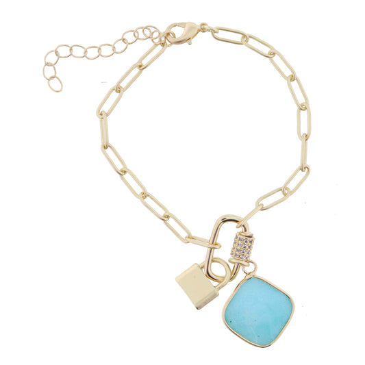 Gold Carabiner with Crystals, Amazonite Square Stone, Gold Padlock Bracelet