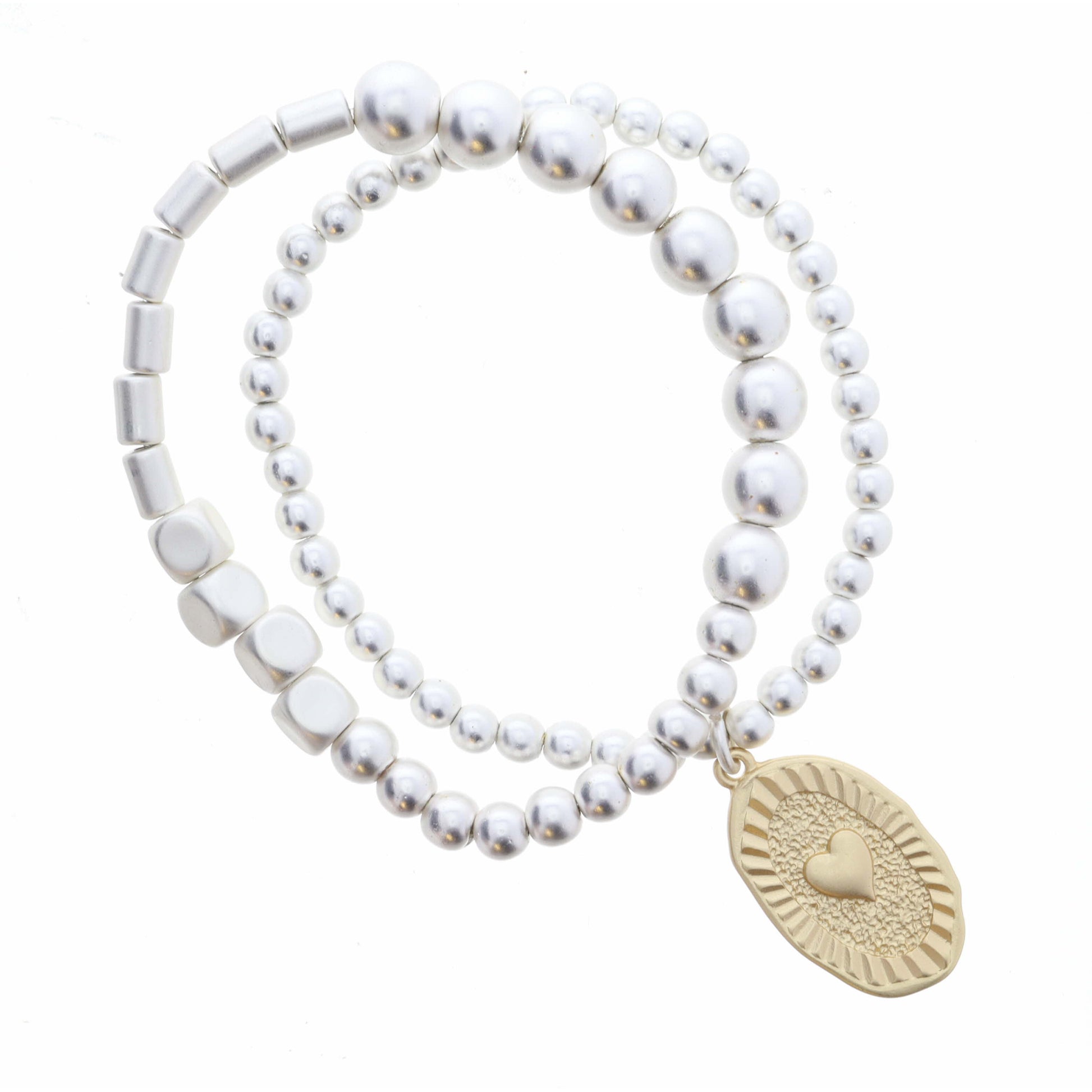 Set of 2, Silver Beaded Stretch Bracelets, Gold Oval, Heart Center, 8" Around, 1" Pendant