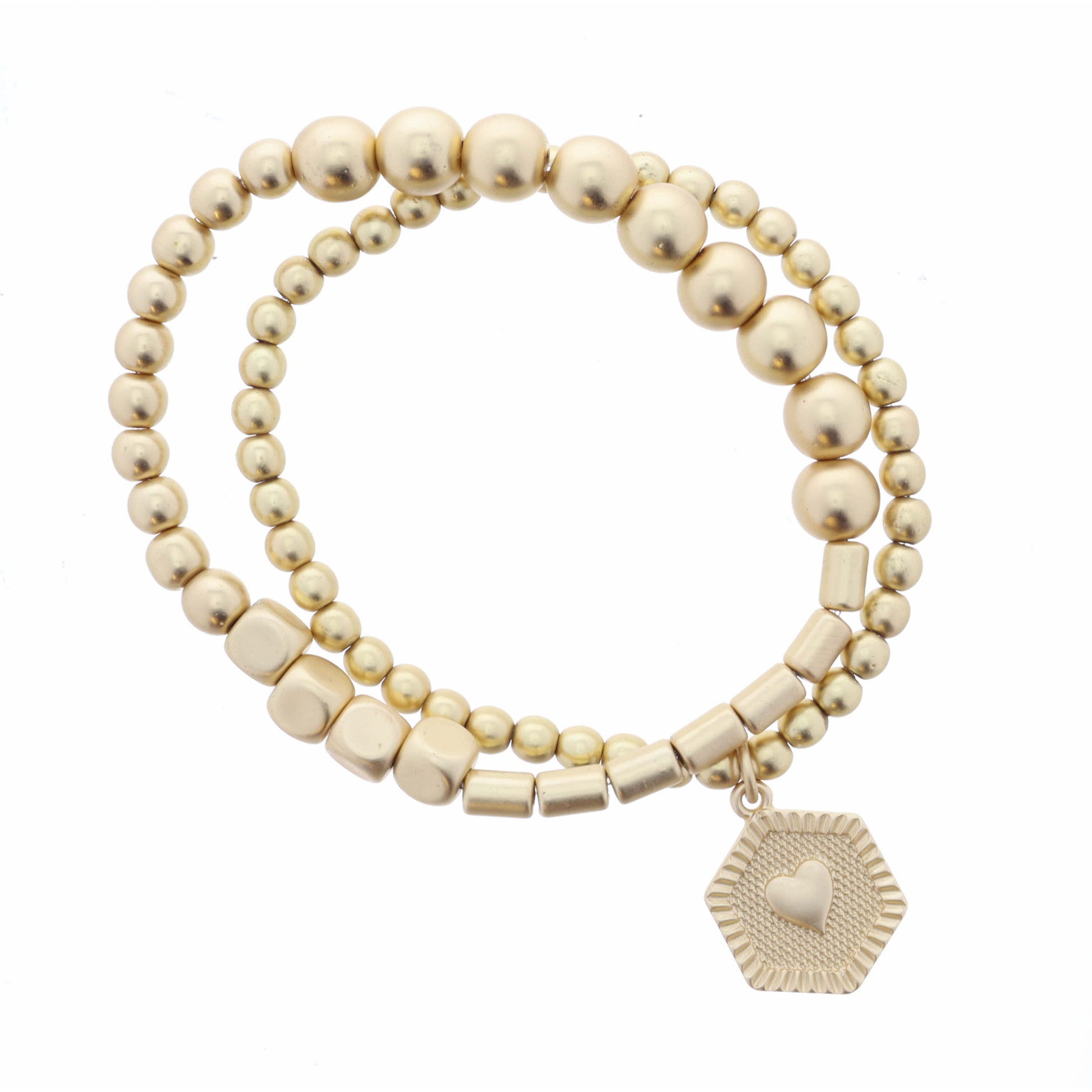 Set of 2, Beaded Stretch Bracelets, Hexagon, Heart Center, 8" Around, .65" Pendant