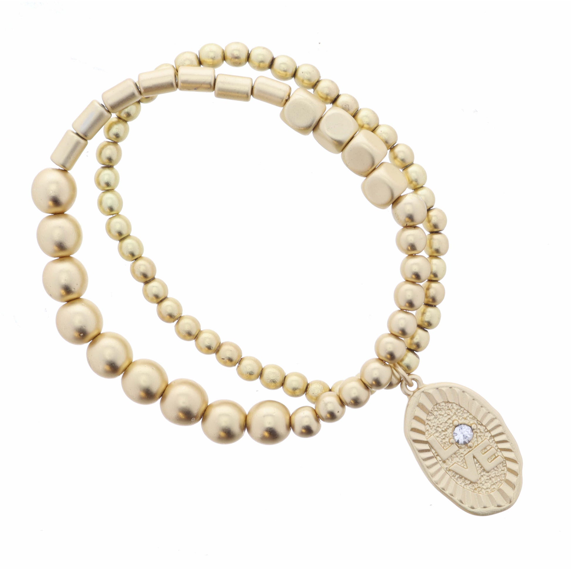 Set of 2, Beaded Stretch Bracelets, Gold Textured Oval with LOVE and Crystal Center, 8" Around, 1" Pendant