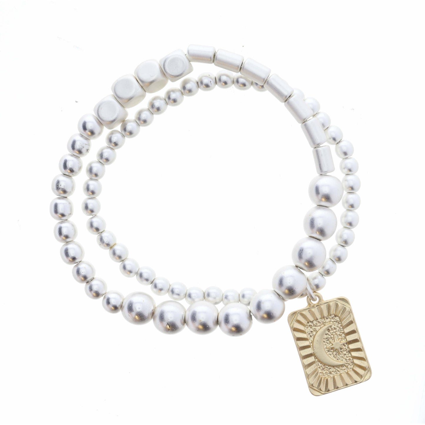 Set of 2, Silver Beaded Stretch Bracelets, Gold Rectangle, Crescent Moon and Star, 8" Around, .75" Pendant