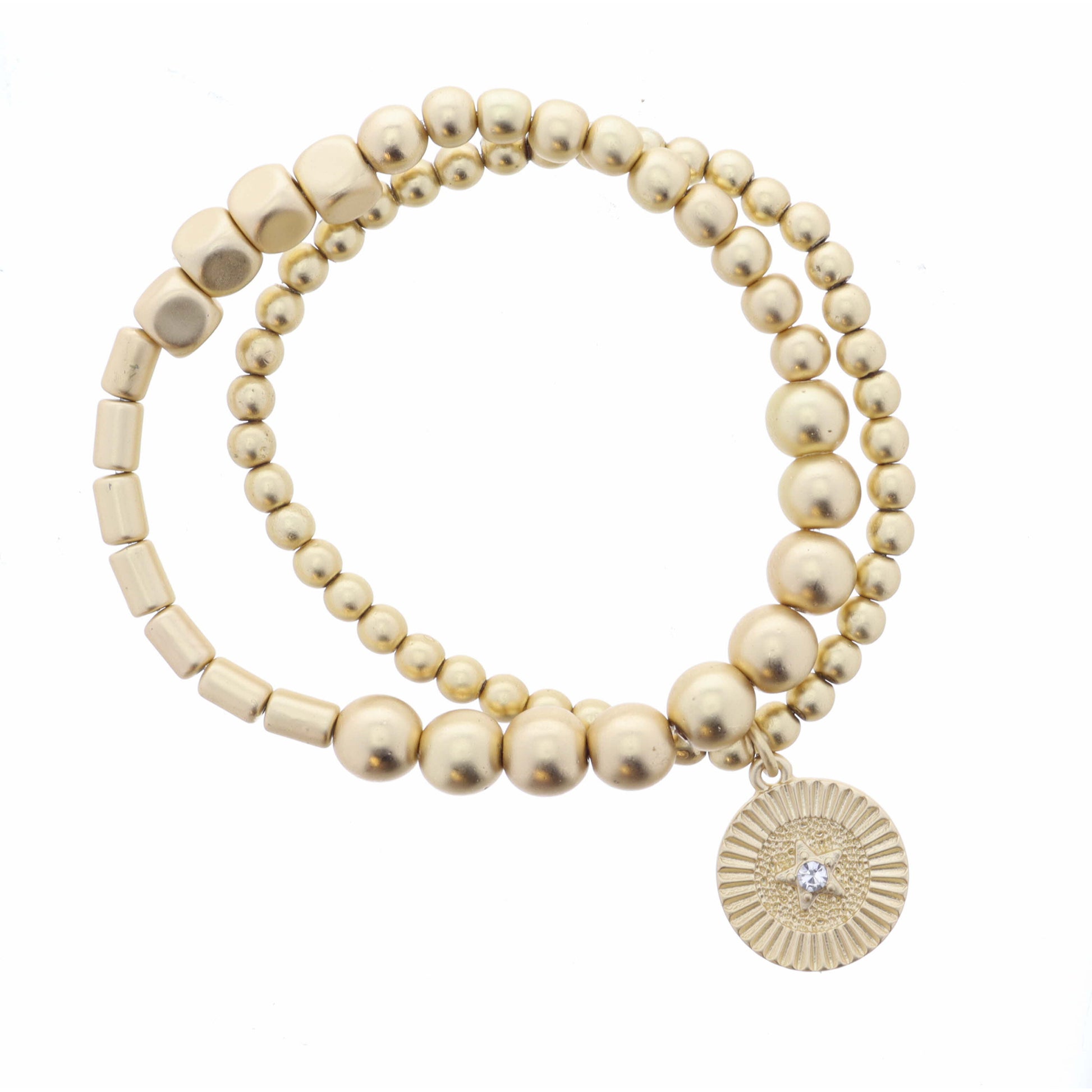 Set of 2, Gold Beaded Stretch Bracelets, Gold Disc, Star and Crystal Center, 8" Around, .65" Pendant