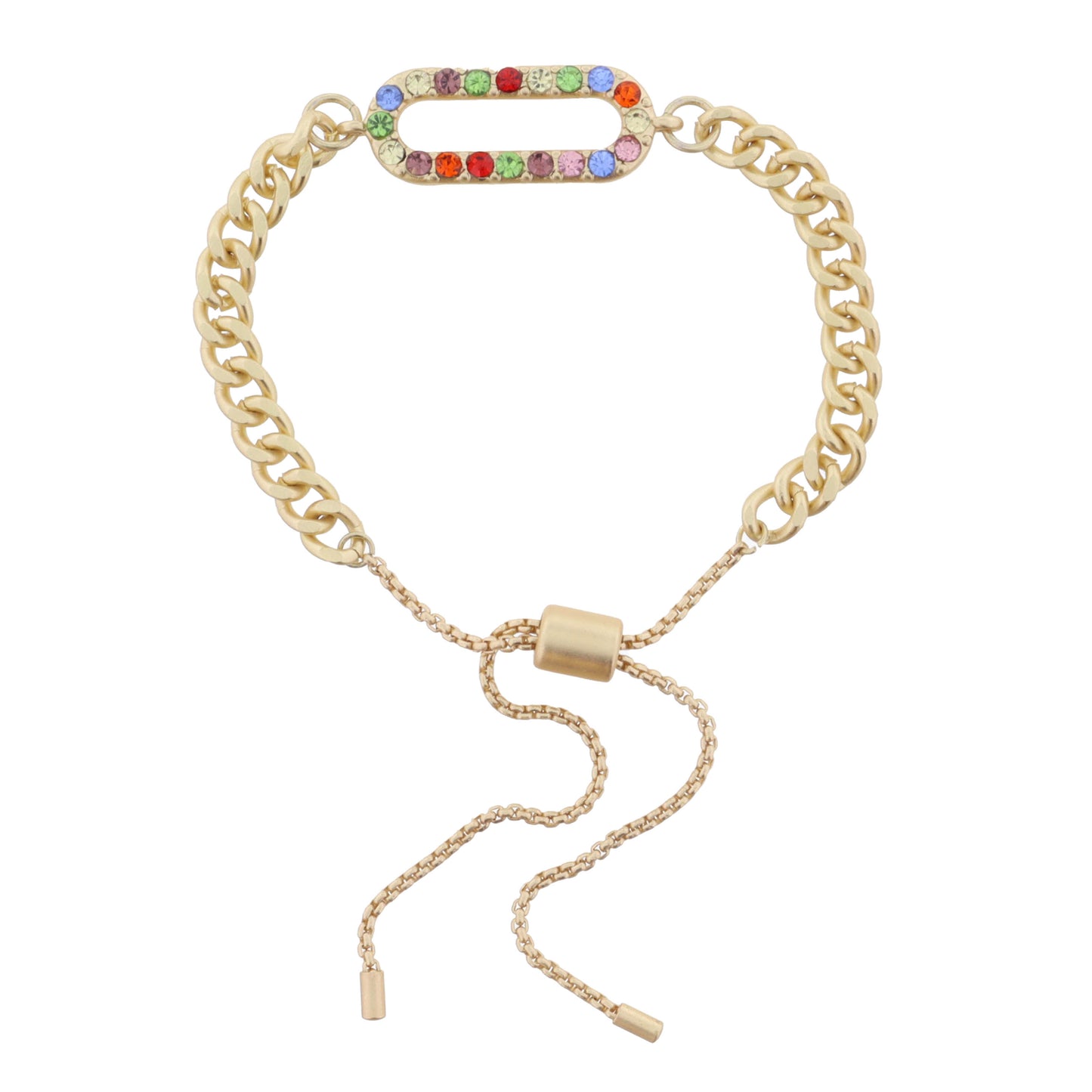 Gold Curb Chain with Multi Crystal Oval Link Bracelet