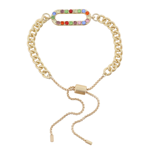 Gold Curb Chain with Multi Crystal Oval Link Bracelet