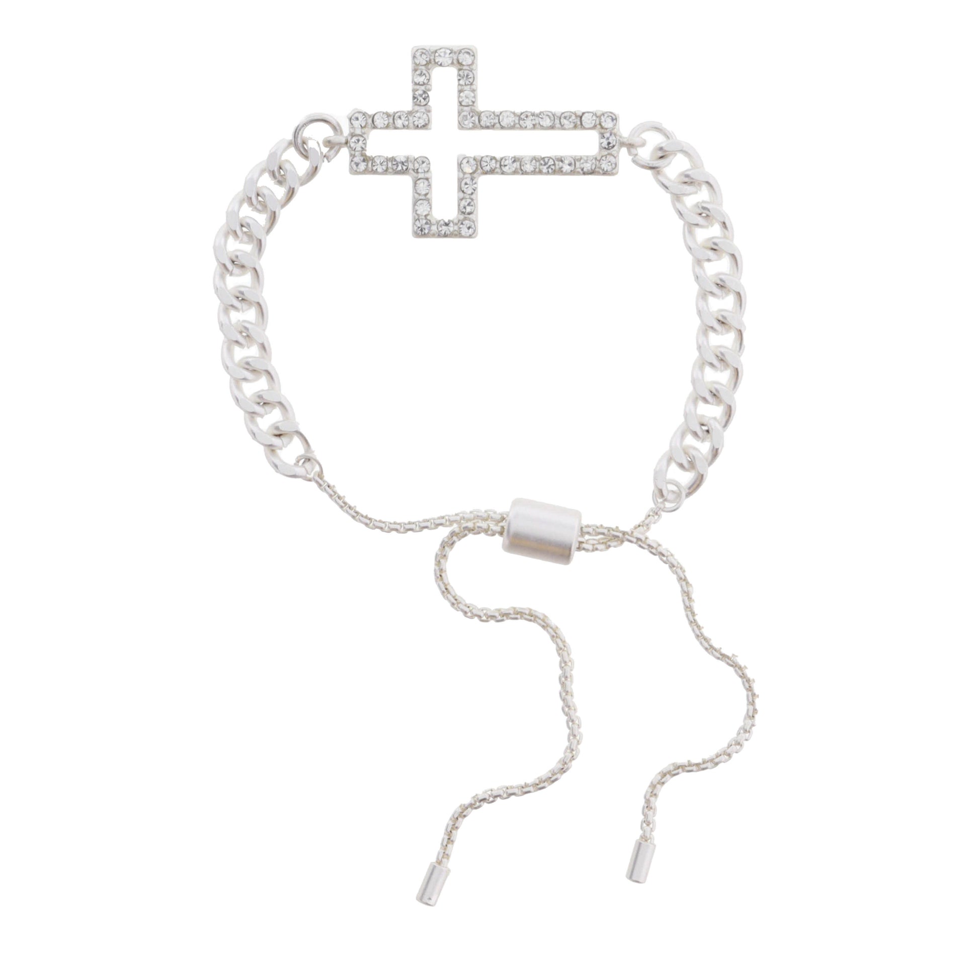 Silver Curb Chain with Clear Crystal Cross Bracelet
