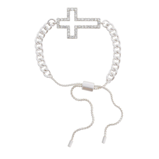 Silver Curb Chain with Clear Crystal Cross Bracelet