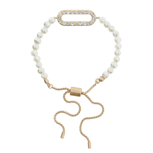 Natural Pearls with Clear Crystal Oval Link Bracelet