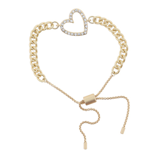 Gold Curb Chain with Clear Crystal Heart Bracelet