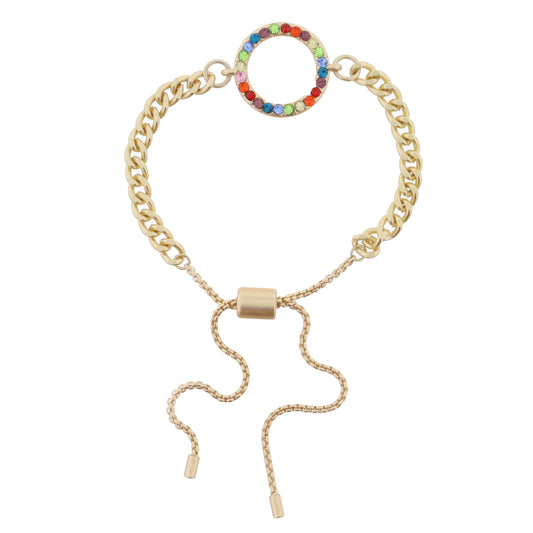 Gold Curb Chain with Multi Crystal Circle Bracelet