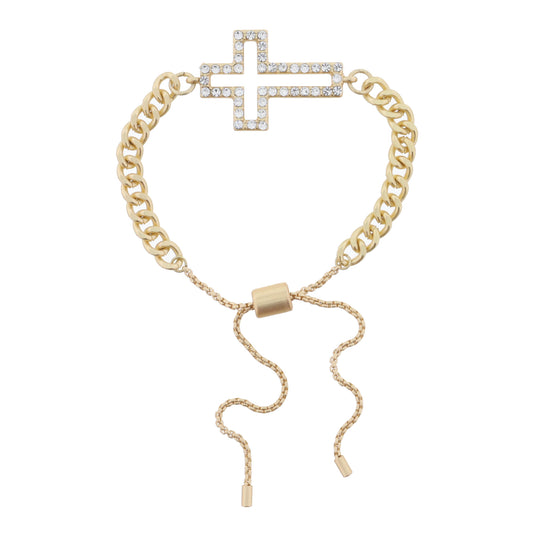 Gold Curb Chain with Clear Crystal Cross Bracelet