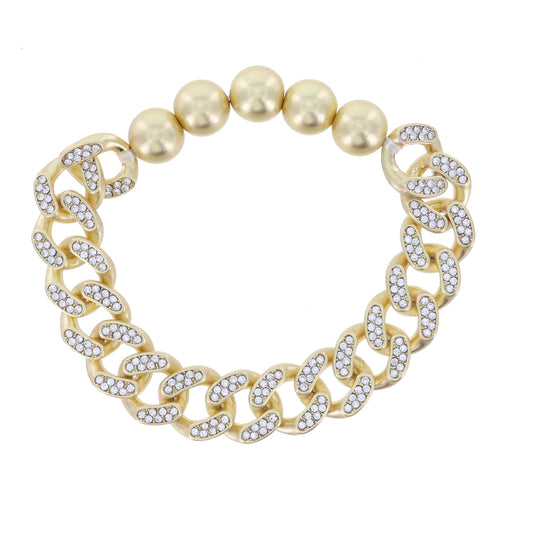 Crystal Embellished Gold Curb Chain and Gold Bead Stretch Bracelet