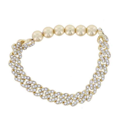 Crystal Embellished Gold Rectangle Curb Chain and Gold Bead Stretch Bracelet